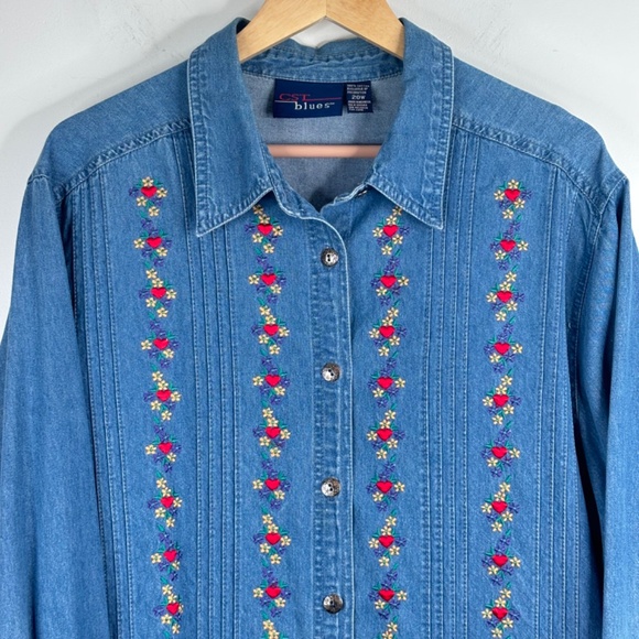 VTG 90s Embroidered Denim Shirt 20W Floral Cottage Granny Boho Retro Button Down - Picture 2 of 9